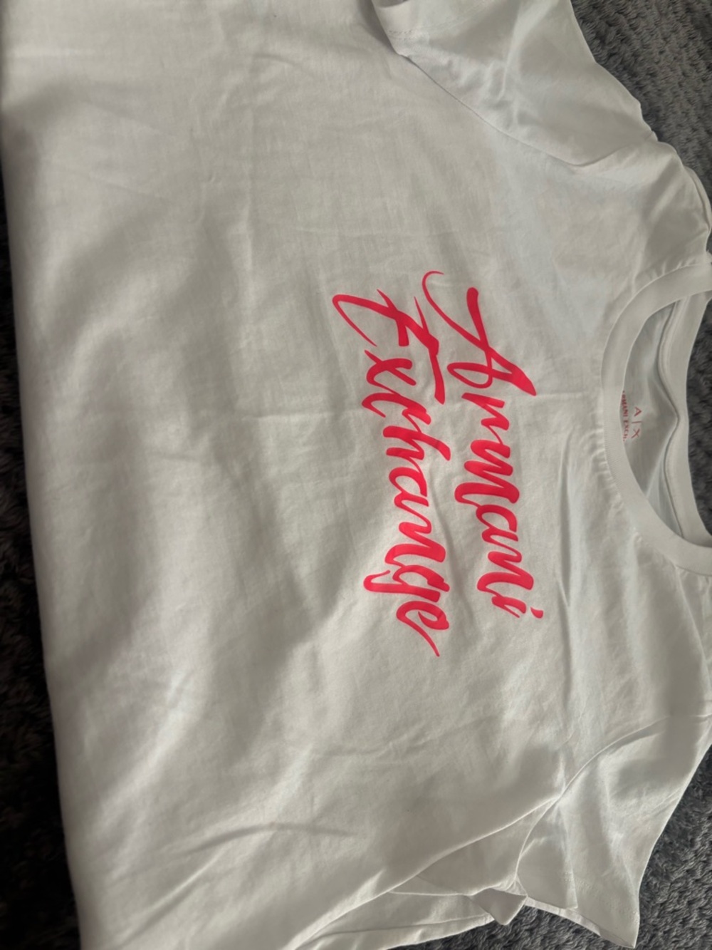 Armani Exchange White Tee with Neon Pink Script Logo